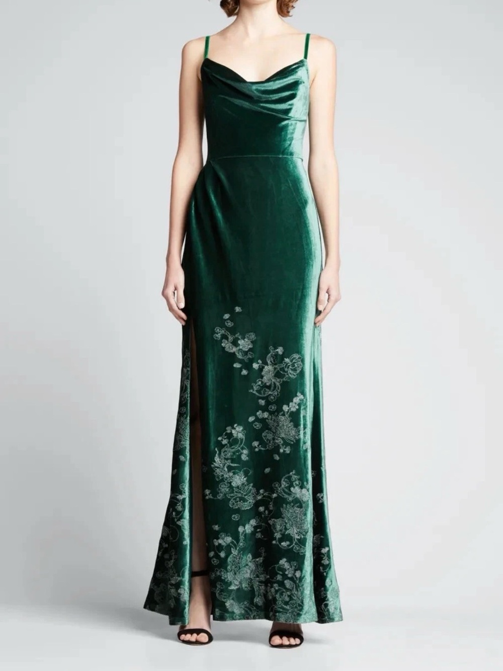 Marchesa Notte Emerald Green Velvet Embroidered Cowl Neck Gown Dress Size 6